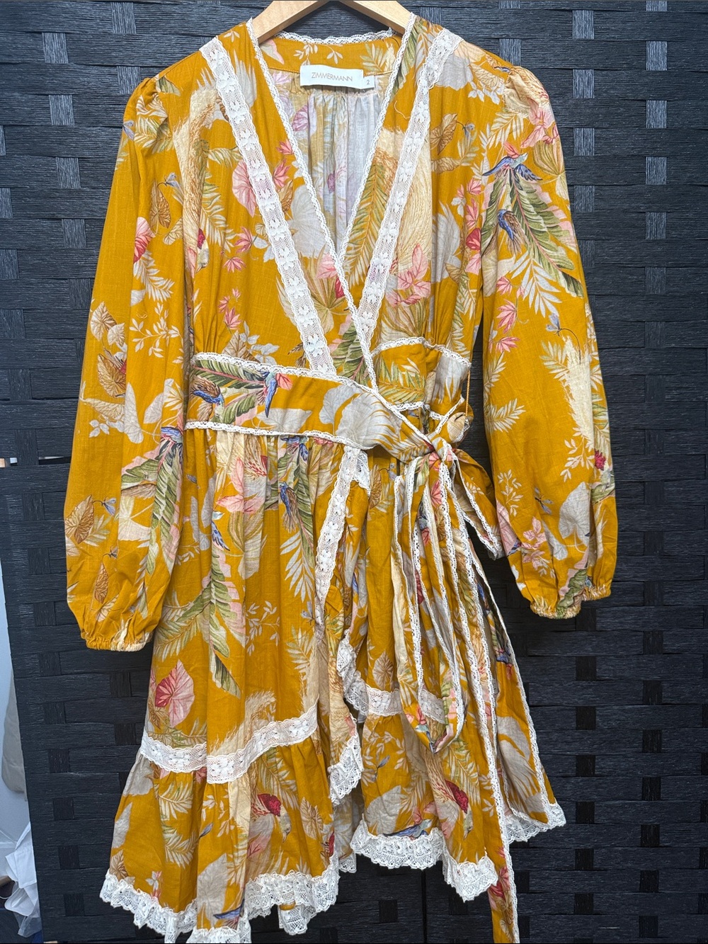 Zimmermann Mustard Floral Lace-Trim Wrap Mini Dress
